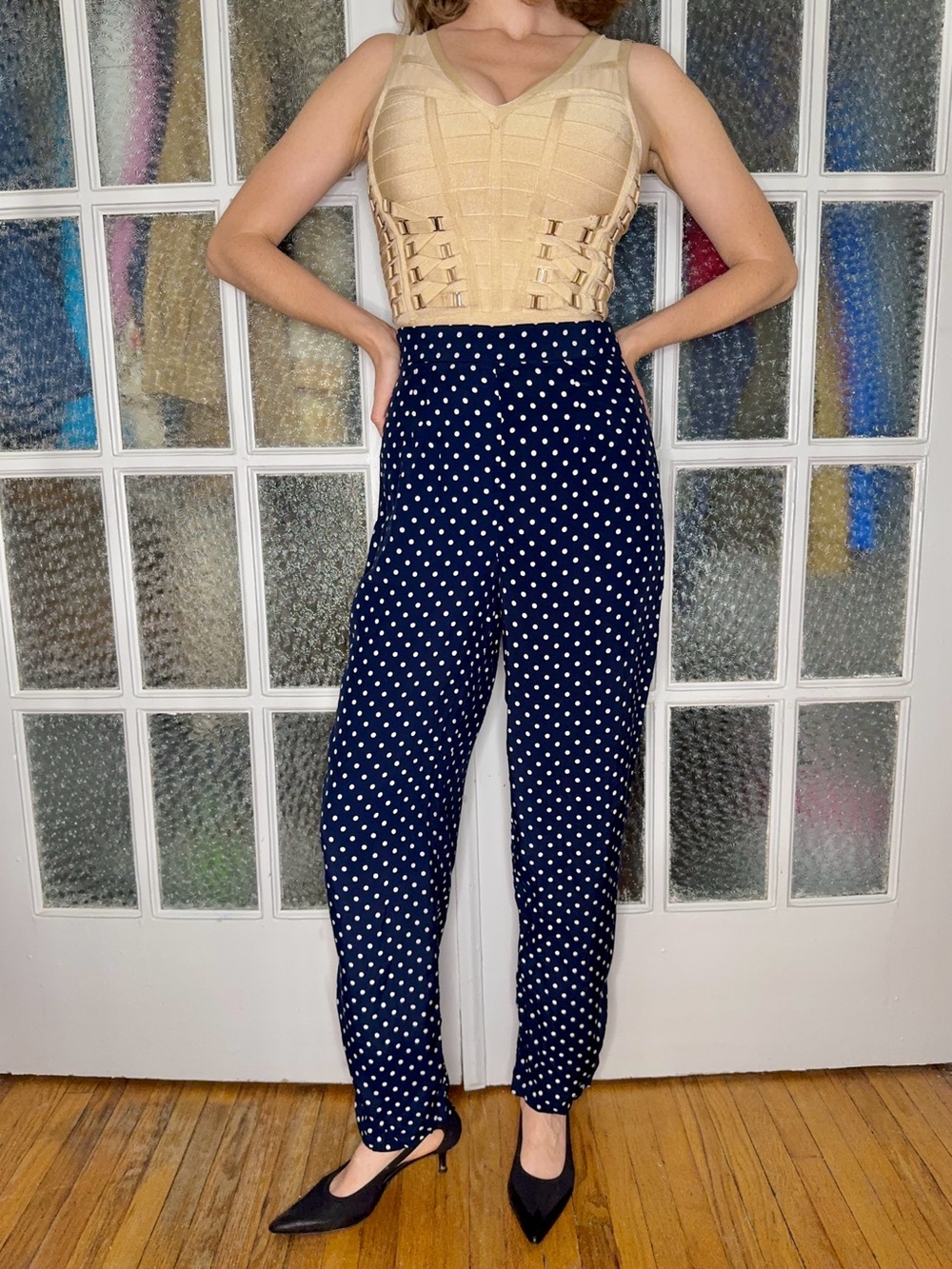 90s Polka Dot High-Waist Navy Trouser Pants